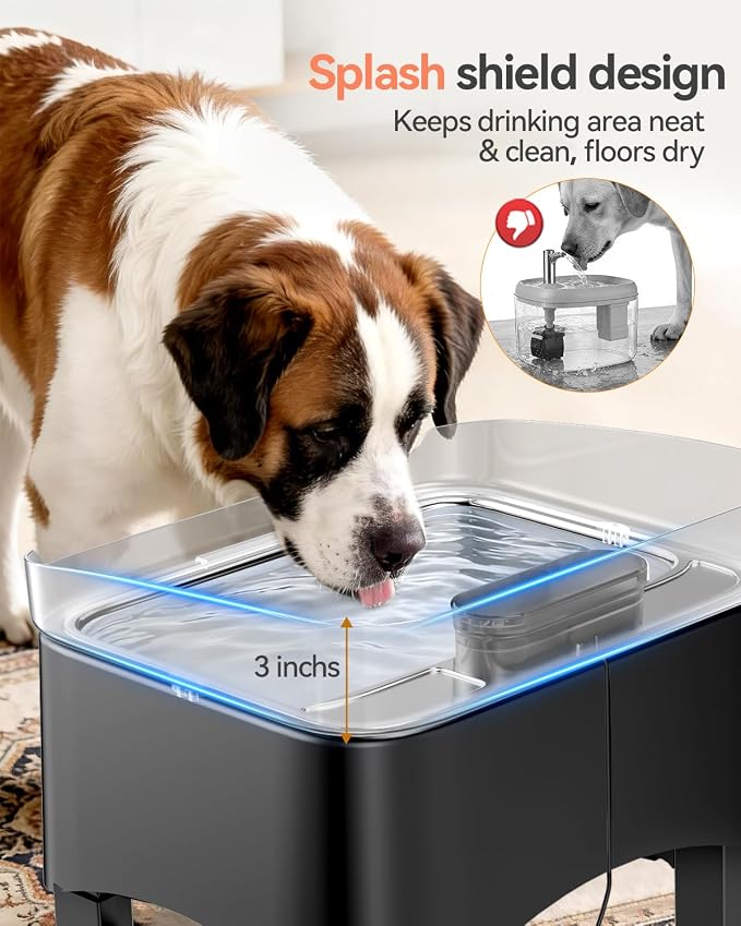 UPSKY 11L Elevated No-Spill Dog Water Fountain, 4 Heights Adjustable, 304 Stainless Steel Tray with Anti-Clog Pump & 4 Filters for Senior Dogs, All Dog Sizes & Multi-Pet Home (Grey)