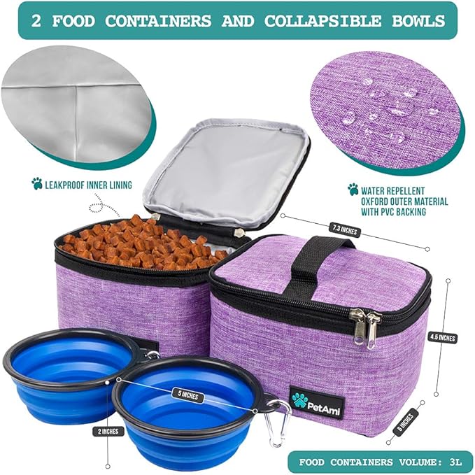 PetAmi Dog Travel Bag Organizer, Pet Travel Kit with 2 Food Containers & 2 Collapsible Dog Bowls, Pet Supplies Tote with Luggage Sleeve, Weekend Road Trip Camping Essentials, Purple, Medium