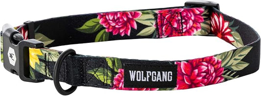 Wolfgang Heavy Duty, Adjustable Dog Collar with Quick Release Nylon Buckle for Walking & Training, DarkFloral Print, Medium