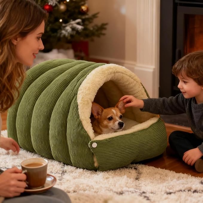 Winter Cave, Cozy Covered Dog Bed with Removable Washable Cover, Enclosed Plush Warmth for Small Large Dogs Cats, Calming Security Pet Den for Indoor Outdoor Use,Purple,M