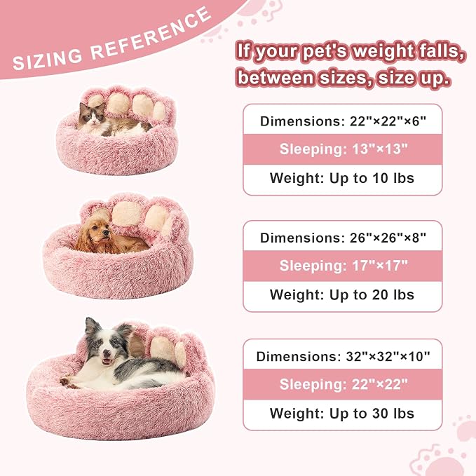 Jiupety Paw Shape Calming Pet Bed, Plush Faux Fur Donut Bed for Dogs & Cats, Machine Washable, Non-Slip Bottom, Large Size (26"×26"×8"), Pink