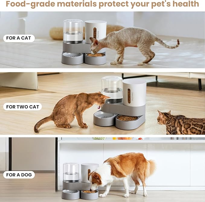 2 Pack Automatic Cat Feeder Stainless Steel Water Dispenser Gravity Food Feeder and Waterer Set with Pet Food Bowl for Small Medium Kitten Puppy Pets Large Capacity(Grey)