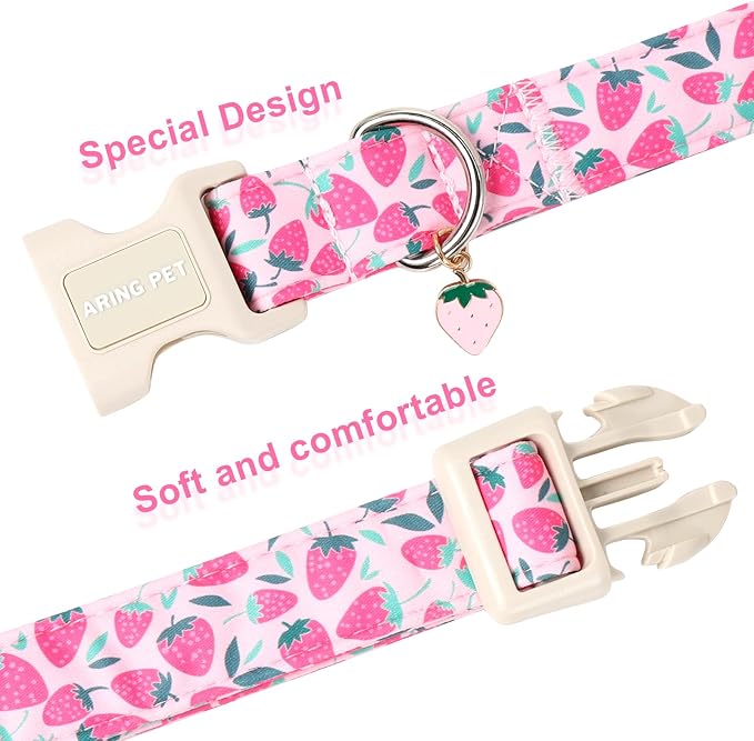 ARING PET Strawberry Dog Collar, Cute Spring Summer Pink Puppy Pet Collars for Small Medium Large Female Girl Dogs-XL