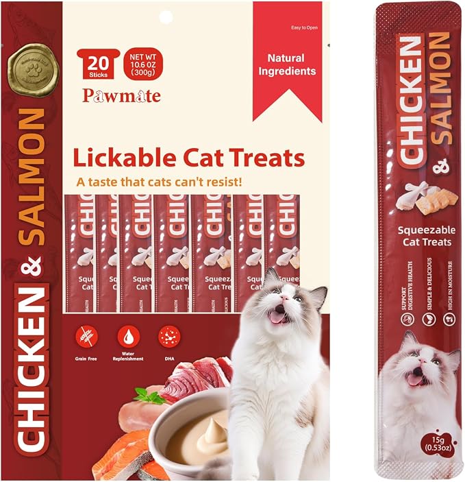 Pawmate Lickable Cat Treats, Chicken & Salmon Cat Squeeze Treats, High Moisture Grain Free Cat Snacks & Food Toppers for Kittens and Adult Cats, 20 Tubes x 15g