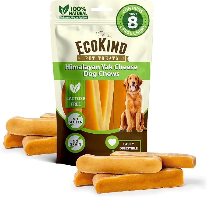 EcoKind Yak Cheese Himalayan Dog Chews, Yak Chews for Large Dogs, Long Lasting Bone for Aggressive Chewers, 3 Ingredients, Natural High Protein Treat, No Additives or Lactose, Large - 8+ Chews (2 lbs)