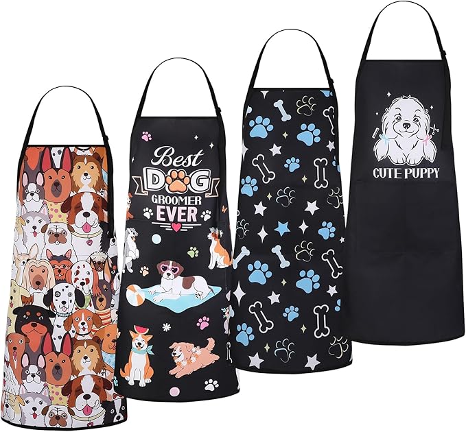 4 Pack Dog Grooming Aprons with 2 Pockets Adjustable Grooming Smock Apron for Dog Groomers Dog Cat Pets Cute Animals Bib Apron