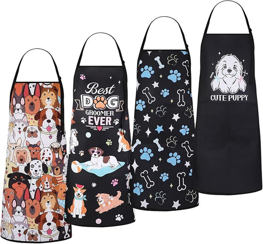 4 Pack Dog Grooming Aprons with 2 Pockets Adjustable Grooming Smock Apron for Dog Groomers Dog Cat Pets Cute Animals Bib Apron
