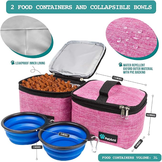 PetAmi Dog Travel Bag Organizer, Pet Travel Kit with 2 Food Containers & 2 Collapsible Dog Bowls, Pet Supplies Tote with Luggage Sleeve, Weekend Road Trip Camping Essentials, Pink, Medium