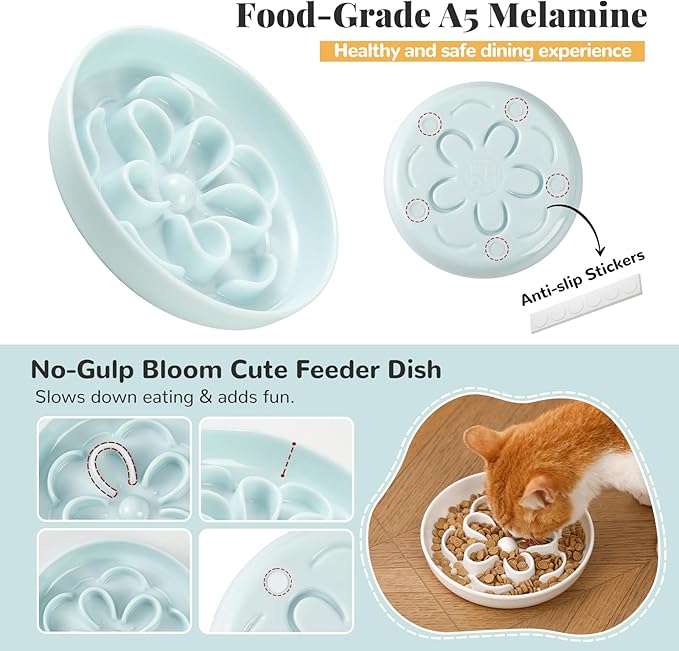 Melamine Cat Slow Feeder Bowl - Floral Maze Cat Food Dish - Flat Plate for Dry & Wet Food - Cute Kitten Bowl - Dishwasher Safe - 6.3'' W x 1'' H - 5.5 oz (160g) - Blue