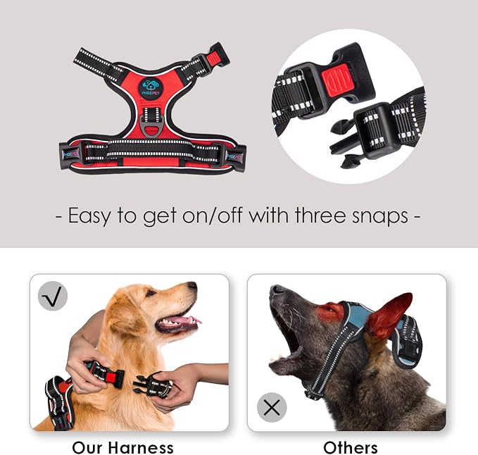 PHOEPET No Pull Dog Harness Medium Reflective Front Clip Vest with Handle,Adjustable 2 Metal Rings 3 Buckles[Easy to Put on & Take Off](M, Red)