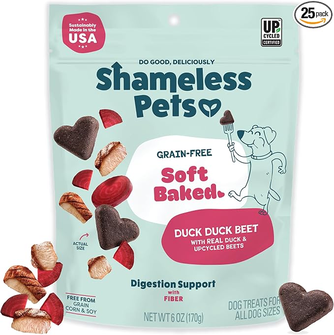 Shameless Pets Soft-Baked Dog Treats, Duck Duck Beet - Natural & Healthy Dog Chews for Digestive Support with Fiber - Dog Biscuits Baked & Made in USA, Free from Grain, Corn & Soy - 1-Pack