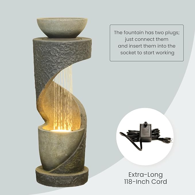 Tiered Outdoor Water Fountain, Modern Spiral Cascading Waterfall Fountain with Planter, Freestanding Resin Indoor Water Feature for Room, Garden, Patio, Deck, 31.5"H with Light Stone-Texture