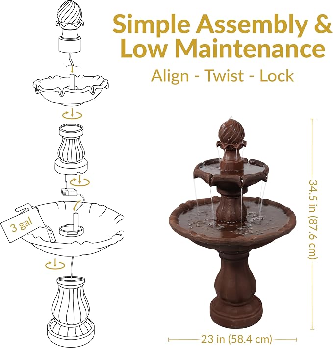 Sunnydaze 35" Solar 2-Tier Outdoor Water Fountain - Garden Water Feature with Battery Backup and Pump - Rust