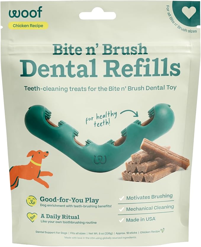 WOOF - Bite n' Brush Refills Treats for the Dog Toothbrush Toy - Scrub Plaque and Tartar from Your Dog's Teeth and Mouth - Dog Dental Sticks - 18 Refills - Chicken