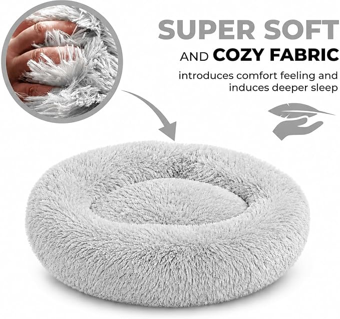 Whiskers & Friends Cat Beds for Indoor Cats, Fluffy Calming Donut Cat Bed, Small Dog Bed Washable - Orthopedic Soft Plush Pet Beds Sized for Kitten to Large Cats & Puppy to Small Dogs, Light Grey 20''