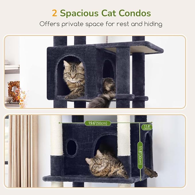 Globlazer 74in Cat Tree for Indoor Cats Large Adult, Heavy Duty Cat Tower with 5 Sisal Scratching Posts, 2 Caves, Oversized Top Perch, Hanging Basket, F74B, Dark Grey
