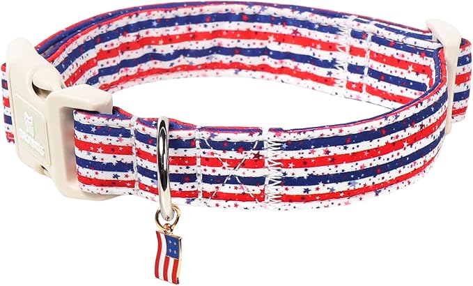 Maca Bates 4th of July Dog Collar with Flag Charm for Small Girl Boy Dogs, Star Stripes Pattern,Pretty Adjustable Durable Collars Blue Independence Day Gift for Male Female Puppy