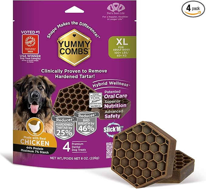 Yummy Combs Dog Dental Treats – Vet VOHC Approved, Removes Tartar & Cleans Teeth – Yummy High Protein Chicken Treat for Extra Large Dogs (Mini Pack, 4 Count)