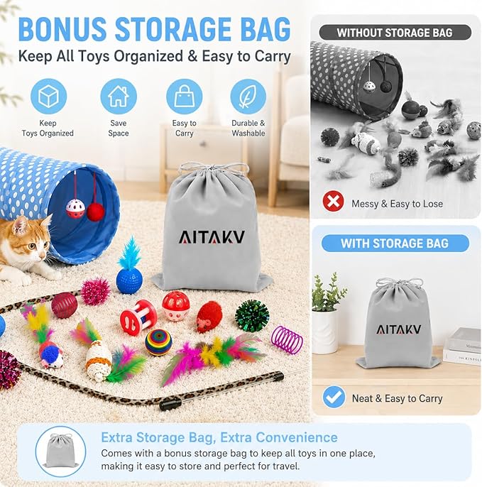 AILUKI 35 PCS Cat Toys Kitten Toys Assortments,Variety Catnip Toy Set Including 2 Way Tunnel,Cat Feather Teaser,Catnip Fish,Mice,Colorful Balls and Bells for Cat,Puppy,Kitty