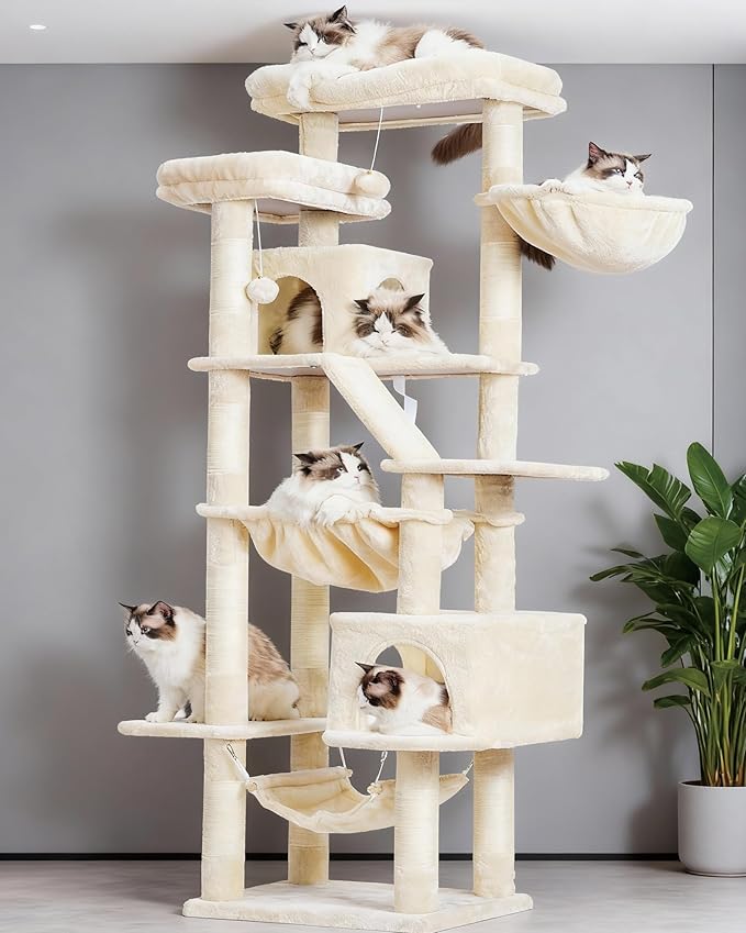 Heybly Cat Tree, 71-Inch-Tall Tower for Indoor Cats with 2 Perches, 2 Big Condos, 2 Hammocks, Basket, Scratching Pad, Large Cat Furniture and Condo, Beige HCT034M