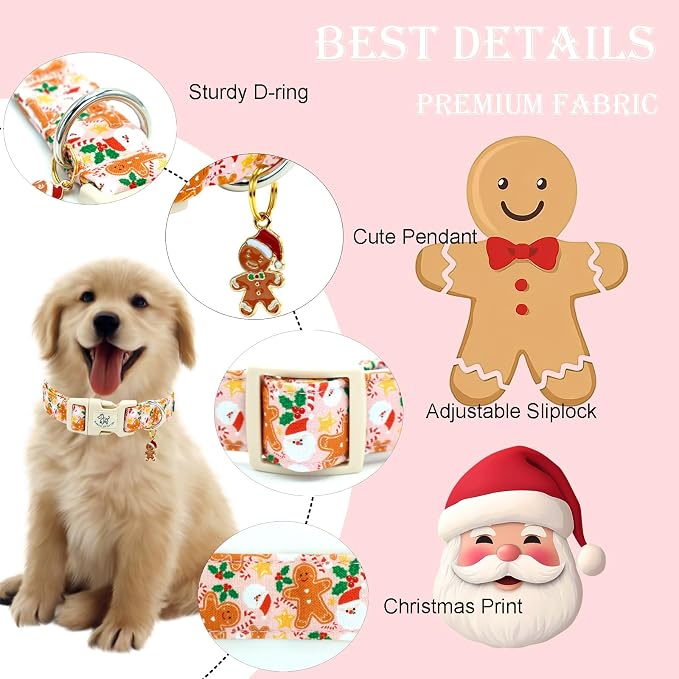 Elegant little tail Christmas Dog Collar - Pink Gingerbread Man Print Cotton Soft Plastic Buckle Sturdy Puppy Collars Holiday Female or Male Adjustable Collar for X-Small Dogs