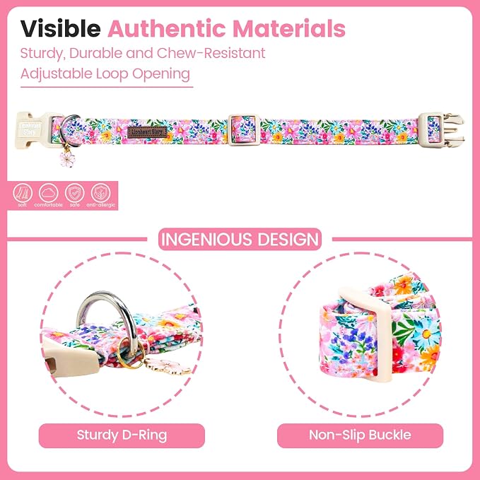 Lionheart Glory Spring Summer Dog Collar - Soft and Adjustable Dog Collars with Plastic Buckle Colorful Wildflower Pattern Dogs Collar for Small Dogs Puppy Male Female Pet Collars S