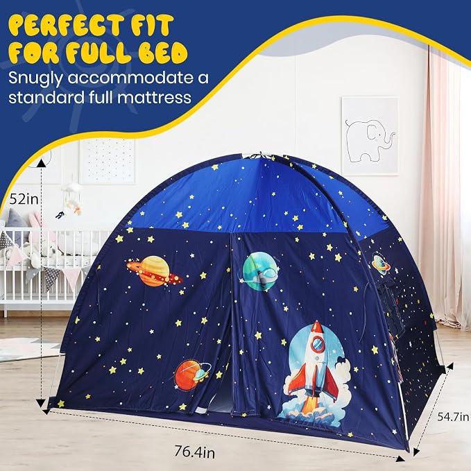 Full Bed Tent Canopy, Space Indoor Blackout Privacy Toddler Bed Tent for Kids with Light, Portable Sleeping Floor Kids Playhouse (Blue, Full Size)