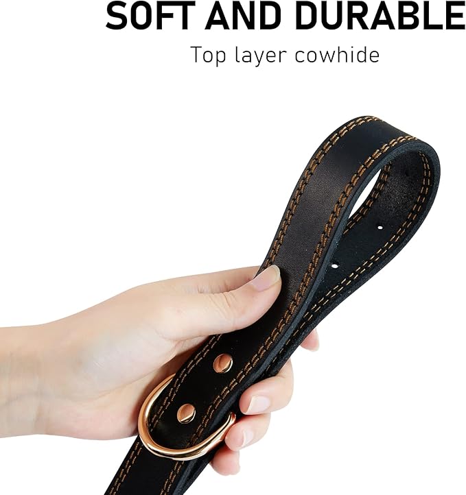 Dog Collar, Genuine Leather Heavy Duty Dog Collar for Small, Medium, Large and Extra Large Dogs (L: 1.2" Wide for 16.2"-22" Neck, Dual Stitch - Black)