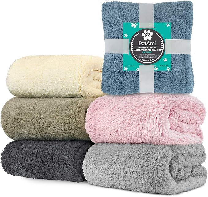 PetAmi Fluffy Waterproof Dog Blanket for Couch and Bed, Reversible Sherpa Pet Throw, Pee Proof Furniture Protector Sofa Cover, Washable Cat Blanket for Small Medium Dogs and Cats (Grey, 29x40)