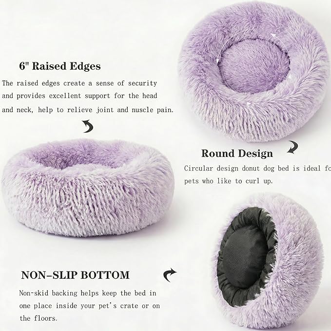 Calming Donut Dogs Beds for Small Dogs Washable,19inch Fluffy Round Puppy Bed for Puppies,Cats & Toy Breeds with Raised Rim,Fits up to 15 lbs Pets,Gradient Purple