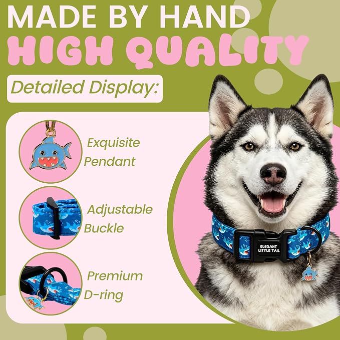 Elegant little tail Dog Collar,Cute Blue Shark Pattern Pet Collars Dog Cotton Soft Sturdy Puppy Collars Female or Male Adjustable Collar for Small Medium Large Dogs