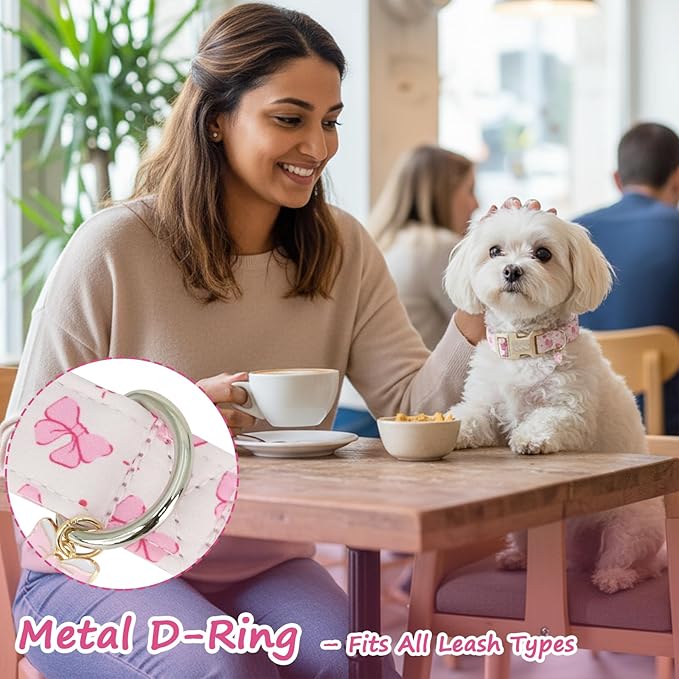 Girl Dog Collars for Small Dogs -Summer Dog Collar with Quick Release Buckle Pink Bow Small Dog Collar, Soft Adjustable Cotton Puppy Collar Gift Girl Dog Collars for Small Medium Dogs-S