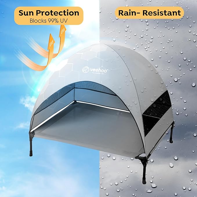 Veehoo Outdoor Dog Bed with Canopy, Portable Elevated Dog Bed with Sun Protection Shade Tent, Removable, Cooling Raised Dog Cot for Camping, Beach, 42 inches, Grey