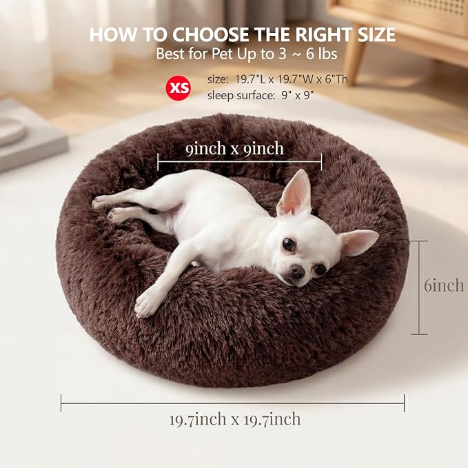 Calming Donut Dogs Beds for Small Dogs Washable,19inch Fluffy Round Puppy Bed for Puppies,Cats & Toy Breeds with Raised Rim,Fits up to 15 lbs Pets,Chocolate Brown