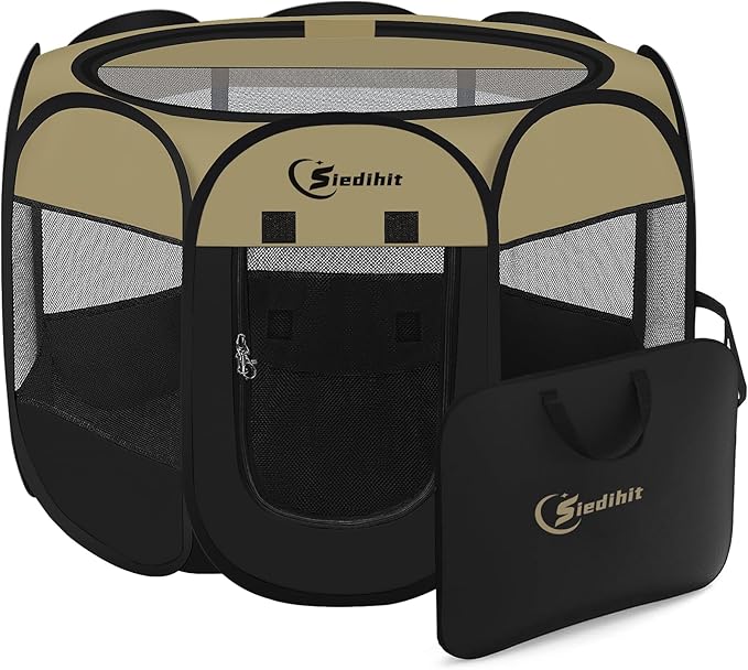 Pink Puppy Playpen for Middle Dog Cat, Dogs Tent Crate Cage Indoor/Outdoor, Portable Pop Up Dog Kennel with Carrying Bag for Rabbits, Removable Top (Black Khaki, Small)