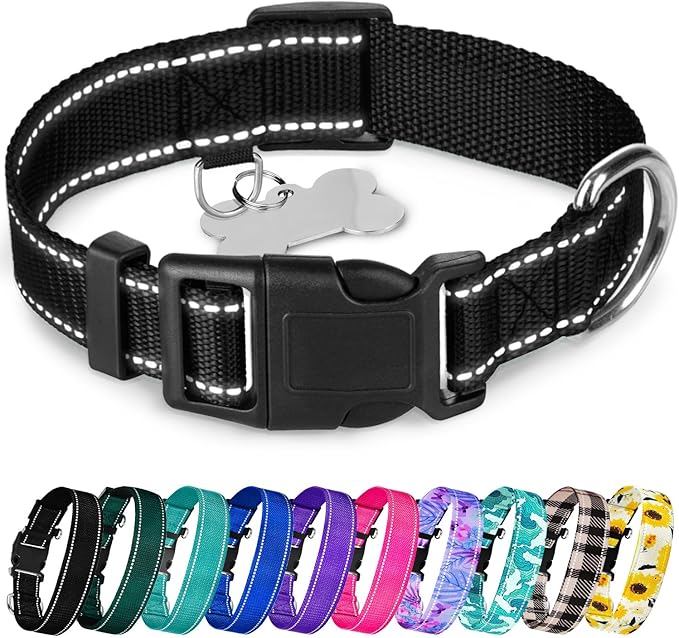 TECEUM Reflective Dog Collar – Black – S – Extra Soft Padding – Basic Nylon Pet Collar – Quick Release Buckle – Fits Small, Medium and Large Dogs, Puppies, Cats – ESA & Service Dog Options