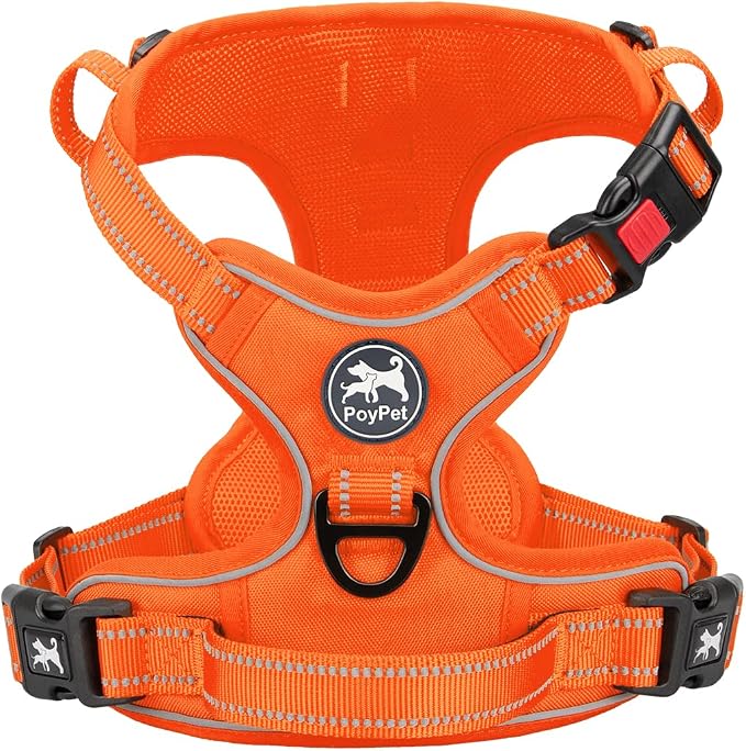 PoyPet No Pull Dog Harness, No Choke Reflective Dog Vest, Adjustable Pet Harnesses with Easy Control Padded Handle for Small Medium Large Dogs(Orange Matching Trim,XL)