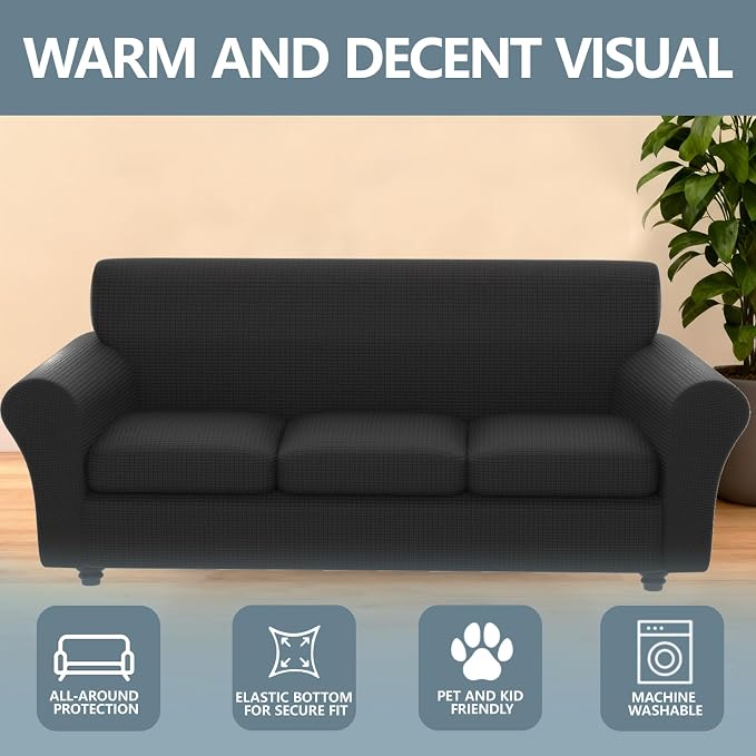 Stretch Couch Covers for 3 Separate Cushion Couch Sofa -Living Room Couch Sofa Cover,Washable Sofa Slipcover,Pet Friendly Furniture Protector with Elastic Bottom,Universal Fit for Home(Black,Sofa)