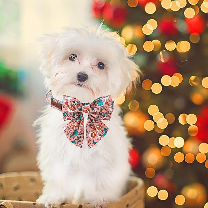 Unique Style Paws Christmas Day Dog Collar with Bowtie Pink Christmas Man Cotton Puppy Collars for Small Medium Large Dogs
