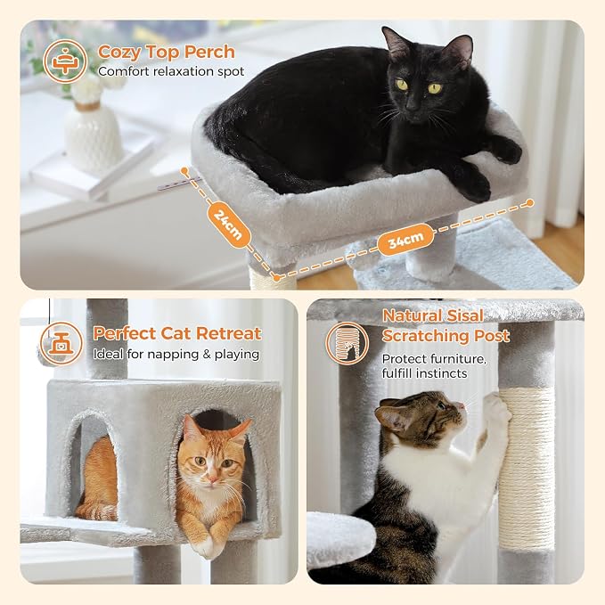 MUTTROS Cat Tree for Indoor Cats, 44.5" Multi-Level Cat Tower with Large Metal Frame Hammock, Cat Condo with 2 Scratching Posts and Top Perch for Small to Medium Cats, Grey
