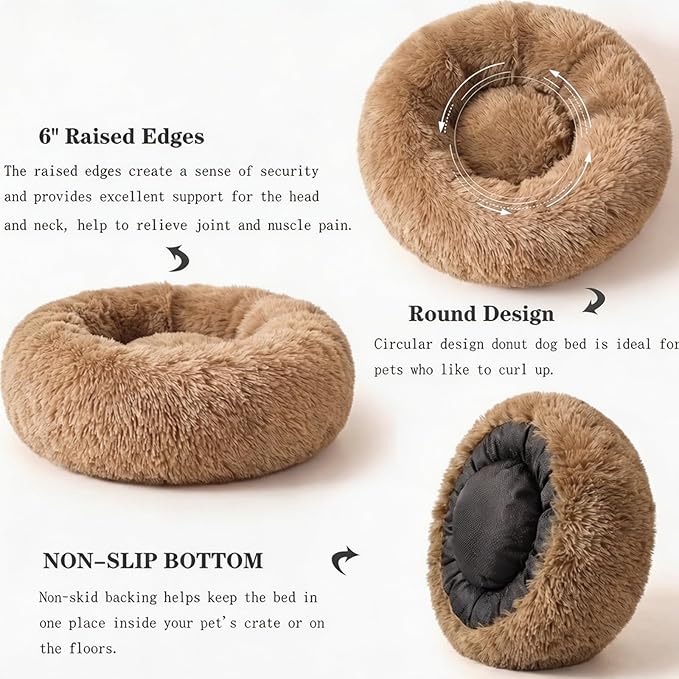 Calming Donut Dogs Beds for Small Dogs Washable,19inch Fluffy Round Puppy Bed for Puppies,Cats & Toy Breeds with Raised Rim,Fits up to 15 lbs Pets,Camel