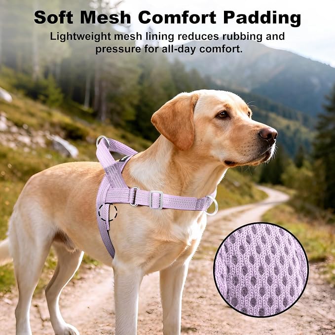 No Pull Dog Harness with Handle, Adjustable Soft Mesh Padded Reflective Walking Harness with Front Clip for Small Medium Large Dogs – Quick Fit No Escape for Training and Hiking (Purple, L)