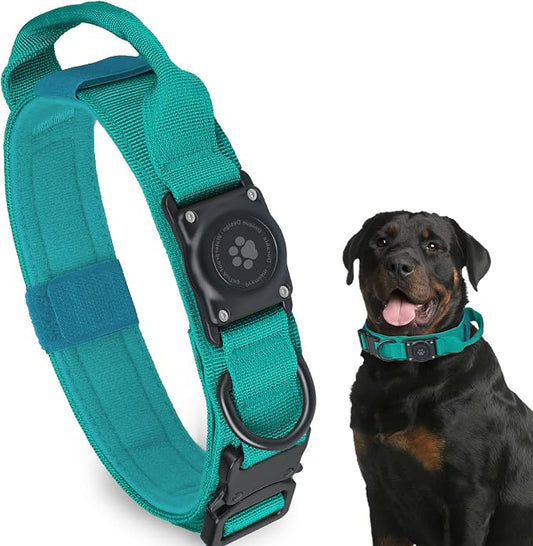 Tactical AirTag Dog Collar, 100% Waterproof Integrated Apple Air Tag Dog Collars with Hard PC AirTag Holder, Adjustable Military Collar with Handle, GPS Dog Collar for Medium Large Dogs(Blue,XL)