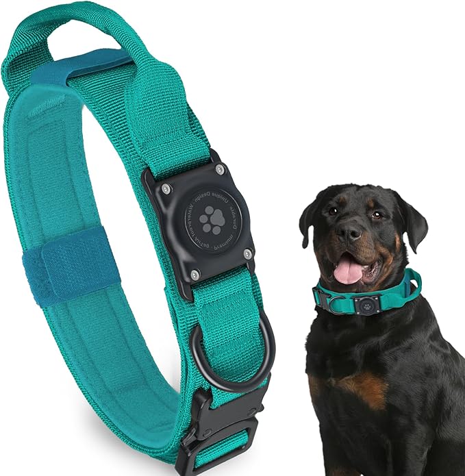Tactical AirTag Dog Collar, 100% Waterproof Integrated Apple Air Tag Dog Collars with Hard PC AirTag Holder, Adjustable Military Collar with Handle, GPS Dog Collar for Medium Large Dogs(Blue,L)