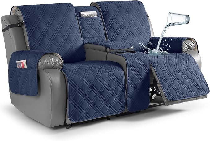 TAOCOCO Waterproof Loveseat Recliner Cover with Console, Non-Slip Reclining Loveseat with Console Cover with Pocket, Split Recliner Sofa Covers Furniture Protector for Pets Dogs(2 Seater, Navy Blue)
