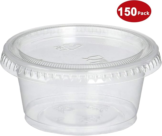 DuraHome Plastic Portion Cups with Lids 2 oz. Pack of 150 Leakproof Jello Shot Cup Mini Containers for Salad Dressing Sauce Condiment Snack Souffle and Salsa, Disposable
