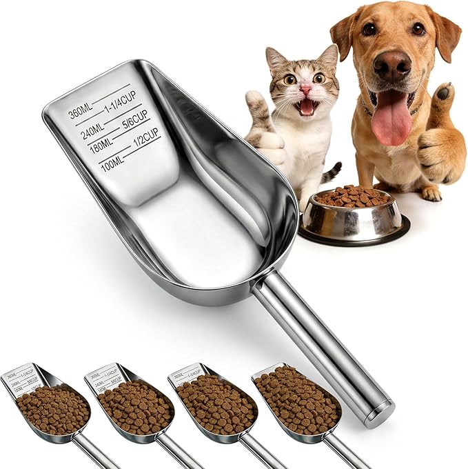 Mity rain Dog Food Scoop Stainless Steel with Long Handle, Precise Dog Food Measuring Cup 1.5, 1 1/4, 1, 3/4, 1/2 Cup, Pet Scoop for Cats, Rabbits, Animals, Metal Spoon for Dog Food Storage (1.5CUP)