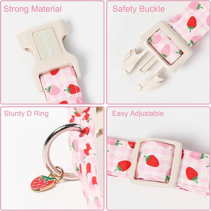 DOGWONG Strawberry Dog Collar for Large Dogs, Spring Summer Pink Girl Dog Collars, Pink Strawberry Girly Dogs Collars for Large Dogs, Neck 42-66 inches