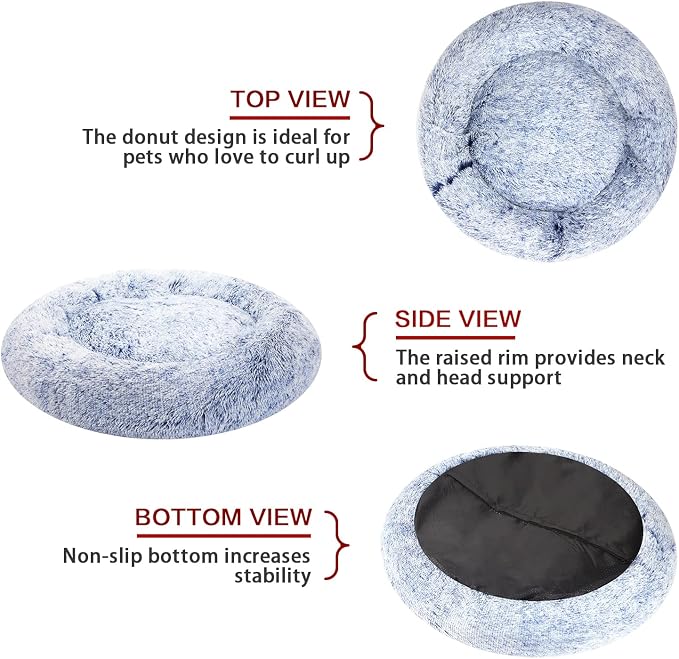 Bedfolks Calming Donut Dog Bed, 30 Inches Round Fluffy Dog Beds for Medium Dogs, Anti-Anxiety Plush Dog Bed, Machine Washable Pet Bed (Navy Blue, Medium)