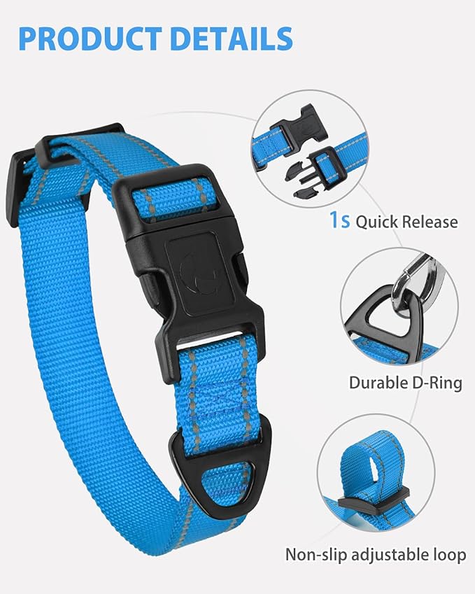 Joytale Small Dog Collar, Durable Double-Sided Reflective Nylon Collar for Night Safety, Adjustable Quick-Release for Active Breeds, Sky Blue, S (3/4" Width)